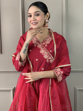 OLIVIA RED COLOURED  WOMEN'S  VISCOSE CHANDERI EMBROIDERY KURTA WITH PANT DUPATTA SET